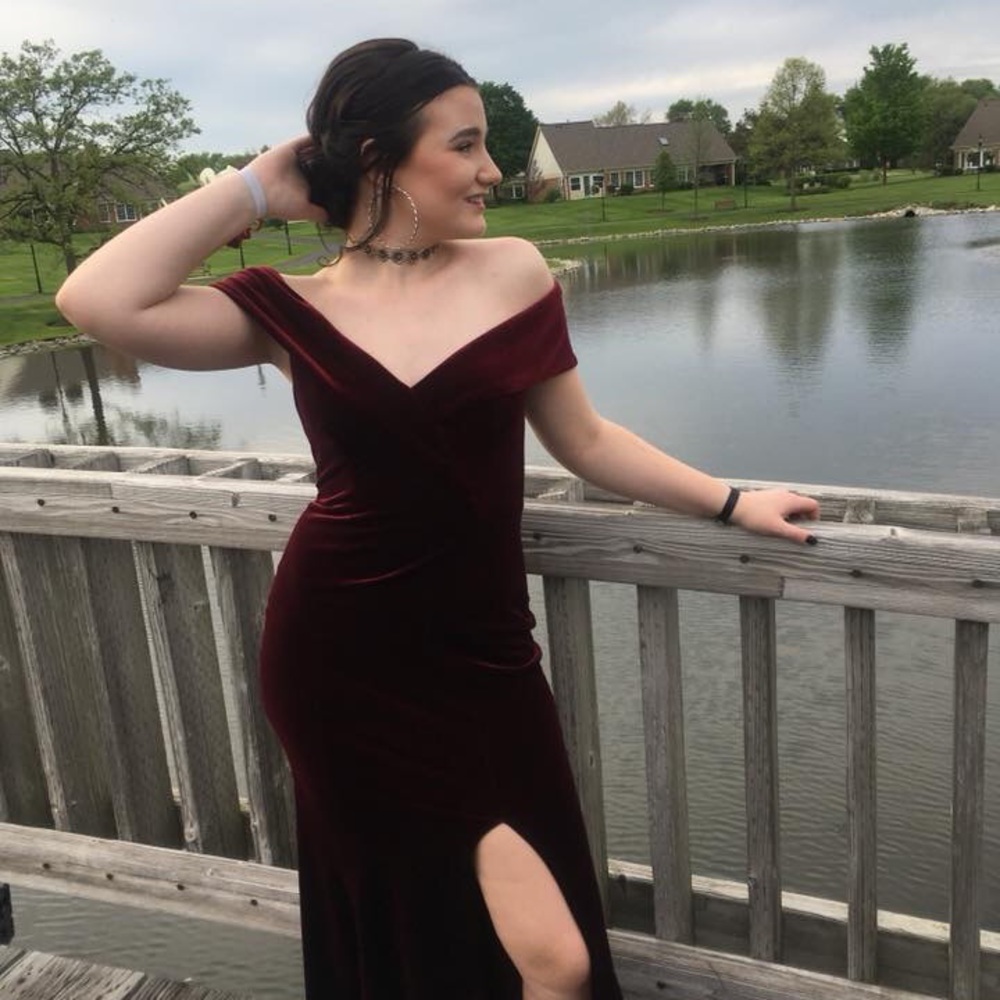 XSCAPE OFF THE SHOULDER VELVET PROM DRESS